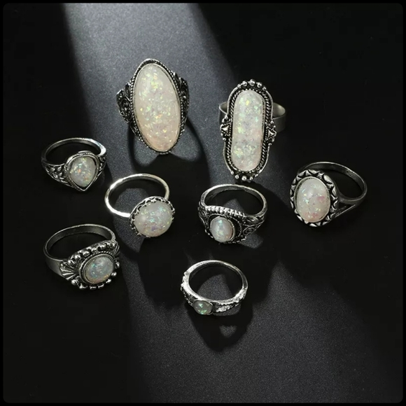 5/25 8 silver ring lot bohemian style rings white opal colored stones unique - Picture 2 of 8